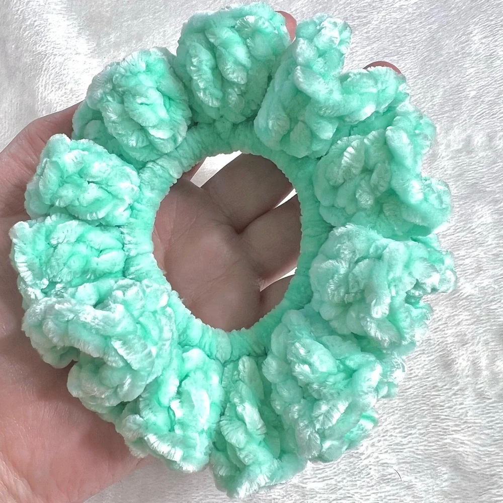 Handmade VELVET Crochet Hair Scrunchie Mint Green Soft Hair Tie PinkRainCloud